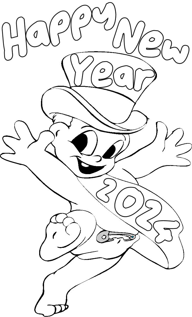 Coloring page Happy New Year with young 2024