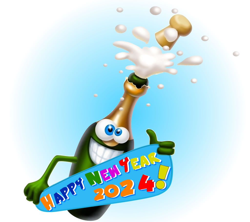 Cheerful clipart with smiling bottle celebrating 2023