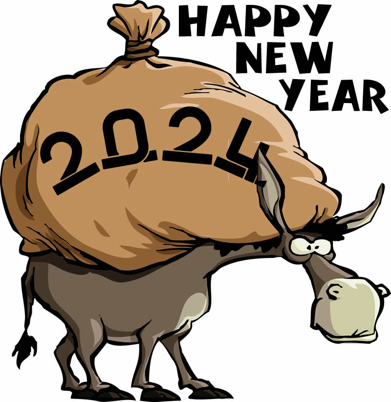 Humorous cartoon with a poor donkey loaded with sacks, will 2023 be like this?