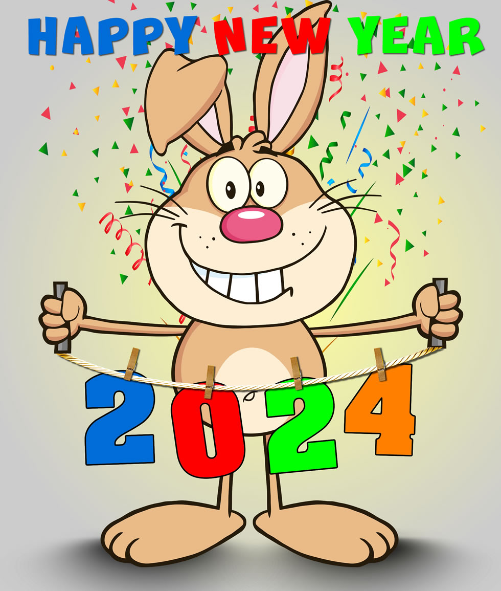 Clipart Happy New Year 2023 with cute smiling rabbit.
