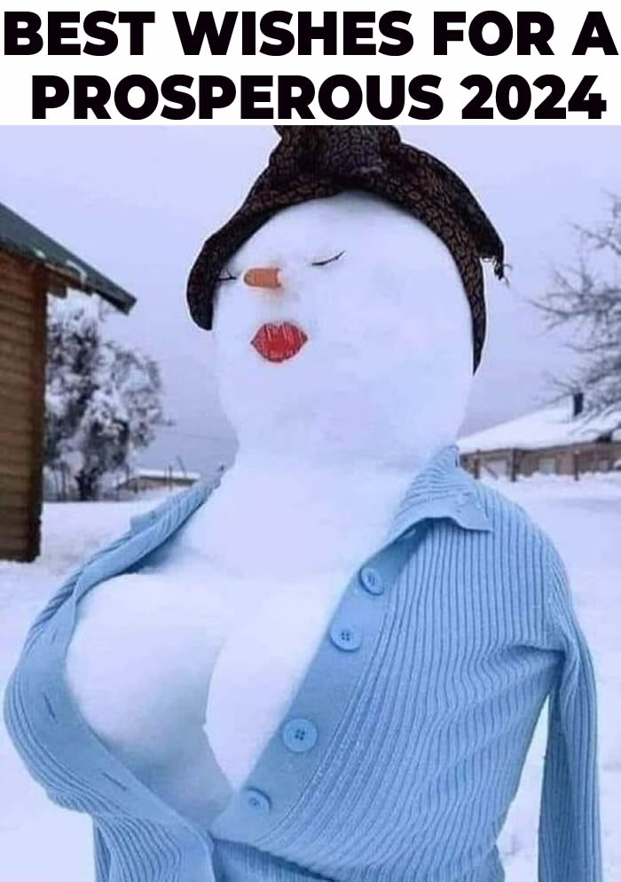 Photo for funny wishes 2023. A beautiful snowman with a busty breasts