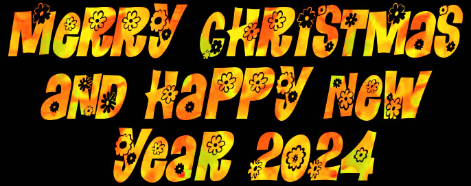Image with black background and text created with colorful floral pattern with Merry Christmas and Happy 2024 text