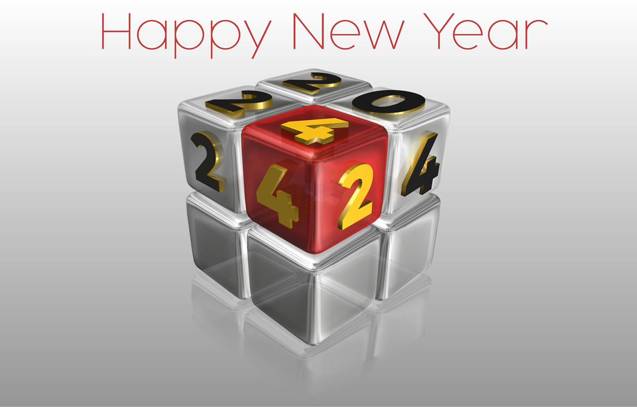 Image with 3D cube and new year 2024 numbers on the sides