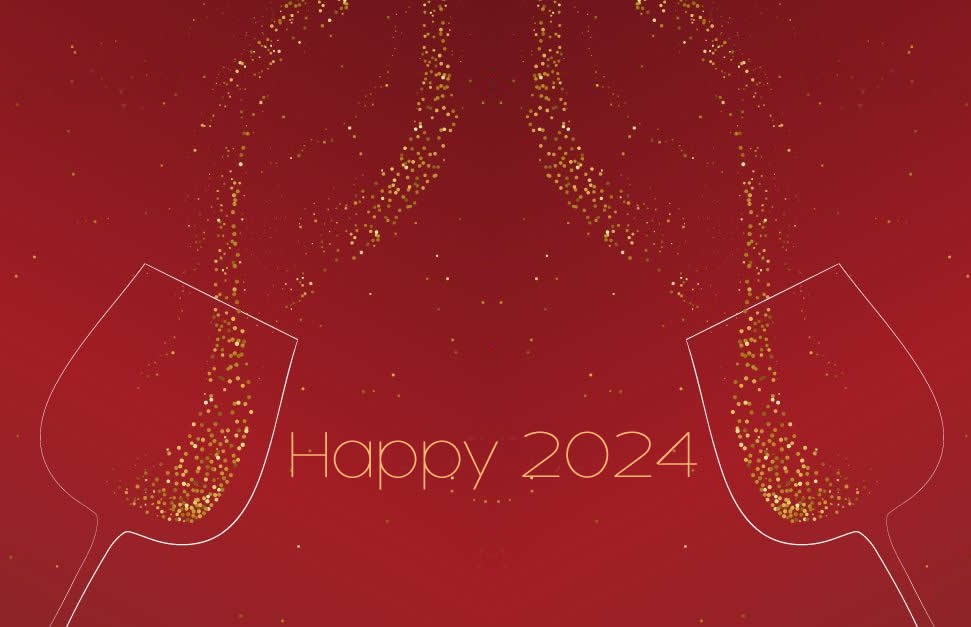 Image with two cups ready to toast for a happy 2023