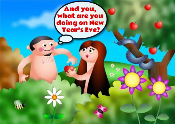 Cartoon with Adam and Eve in the Garden of Eden